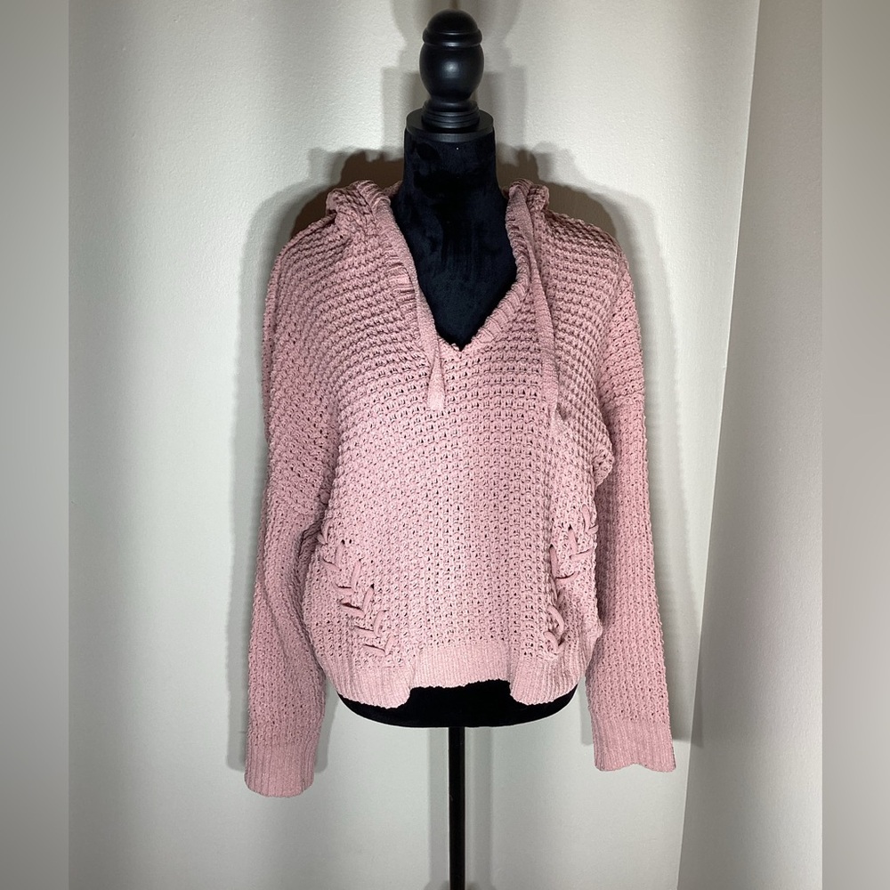 NWOT No Boundaries Crochet Like Cropped Pink Hooded Sweater Size XXL